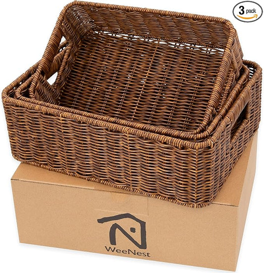 WeeNest Baskets for Storage, Wicker Basket, Rectangular, Set of 3, Toffee | Baskets for Organizing, Pantry Basket, Undershelf Wicker Storage, Storage Baskets for Closet, Baskets for Shelves by WeeNest