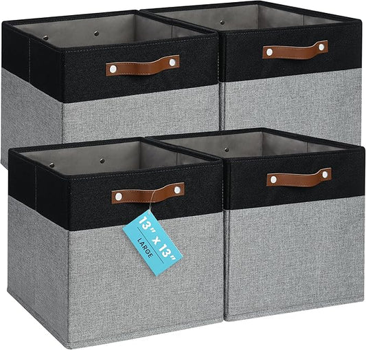 OrganiHaus 13x13 Cube Storage Bins, Set of 4 - Fabric Storage Cubes | Sturdy, holds its shape; odor-free; fits IKEA Kallax and Expedit; vegan leather handles by OrganiHaus