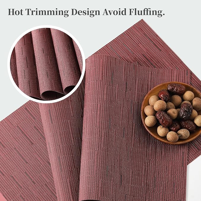 Leetaltree Burgundy Placemats Set of 4 - Heat Resistant Non-Slip Place mats for Dining Table, Washable Durable PVC Vinyl Woven Table Mats（Burgundy, 4） - Image 3