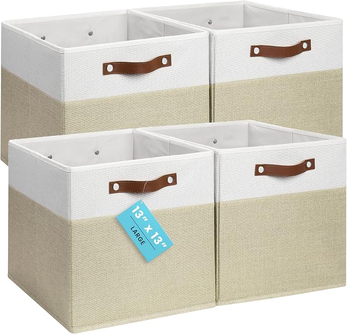 OrganiHaus 13x13 Cube Storage Bins, Set of 4 - Fabric Storage Cubes | Sturdy, holds its shape; odor-free; fits IKEA Kallax and Expedit; vegan leather handles by OrganiHaus