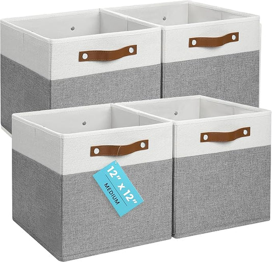 OrganiHaus 12x12 Cube Storage Bins, Set of 4 - Fabric Storage Cubes | Sturdy, holds its shape; odor-free; fits 12-inch cube shelves; vegan leather handles by OrganiHaus