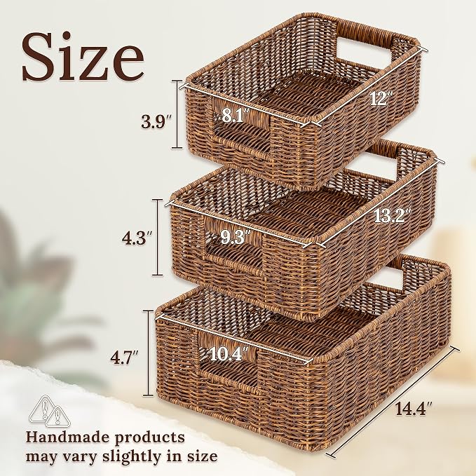 WeeNest Baskets for Storage, Wicker Basket, Rectangular, Set of 3, Toffee | Baskets for Organizing, Pantry Basket, Undershelf Wicker Storage, Storage Baskets for Closet, Baskets for Shelves - Image 2