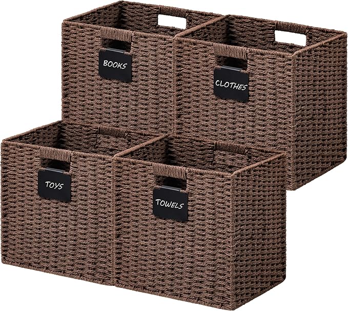 UBBCARE 4 Pack Wicker Basket, 12×12 Storage Cubes with Label, Foldable Cube Storage Bin with Handle, Square Storage Basket for Shelves, Woven Paper Rope Basket for Organizing, Brown by UBBCARE
