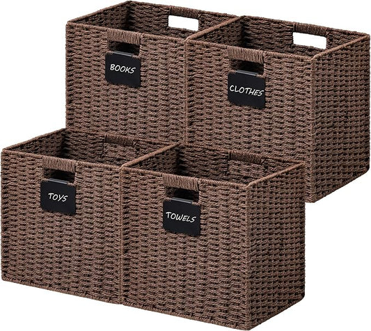 UBBCARE 4 Pack Wicker Basket, 10.5×10.5 Storage Cubes with Label, Foldable Cube Storage Bin with Handle, Square Storage Basket for Shelves, Woven Paper Rope Basket for Organizing, Brown by UBBCARE