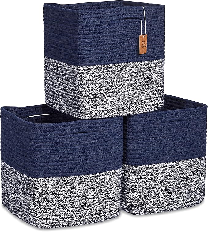 NaturalCozy Storage Cubes 11 Inch Cotton Rope Woven Baskets for Organizing, 3-Pack | Cube Storage Bin | Square Storage Baskets for Shelves Organizer, Classroom, Kids Toy Bins, Closet, Baby Nursery by NaturalCozy