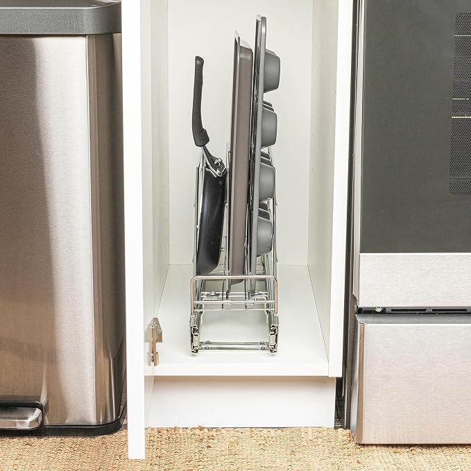 Household Essentials Glidez Multipurpose Chrome-Plated Steel Pull-Out/Slide-Out Storage Organizer for Cookware and Bakeware - Fits Standard Size Cabinet or Shelf, Chrome - Image 12