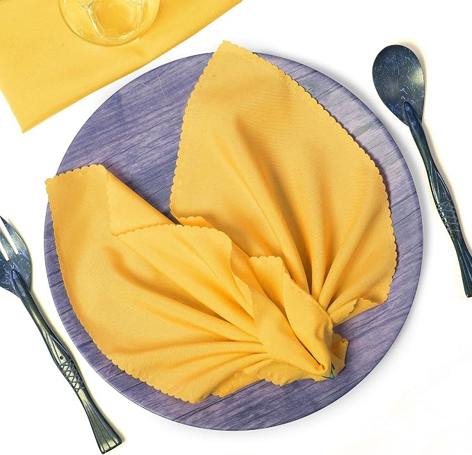 Pack of 50 Polyester Napkins 17 x 17 Inch Square with Scalloped Edge, Plain Washable Reusable Dining Table Cloth Napkin for Wedding Party Banquet Home Restaurant Bistro Decoration - Yellow Gold by MDS