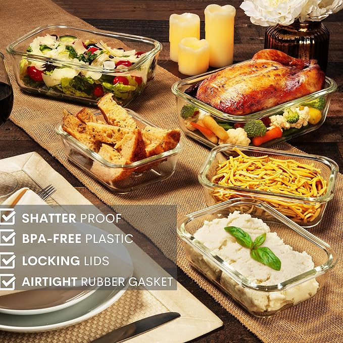 Razab 1860 ml / 8 Cups / 63 Oz 4 Piece + 10 Cups / 80 Oz 4 PC Glass Food Storage Containers with Lids Airtight Leakproof Glass Meal Prep Containers - Image 8