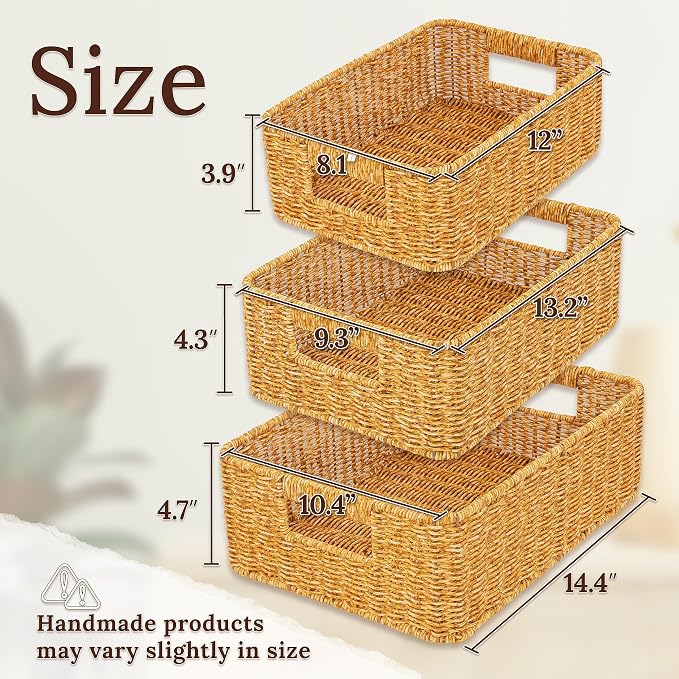 WeeNest Baskets for Storage, Wicker Basket, Rectangular, Set of 3, Amber | Baskets for Organizing, Pantry Basket, Undershelf Wicker Storage, Storage Baskets for Closet, Baskets for Shelves - Image 2