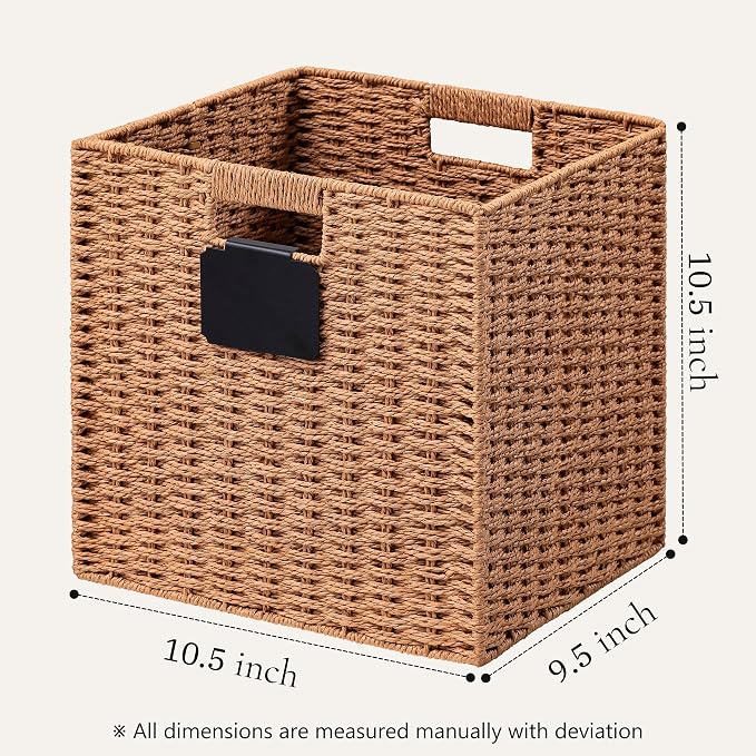 UBBCARE 2 Pack Wicker Basket, 10.5×10.5 Storage Cubes with Label, Foldable Cube Storage Bin with Handle, Square Storage Basket for Shelves, Woven Paper Rope Basket for Organizing, Caramel - Image 2