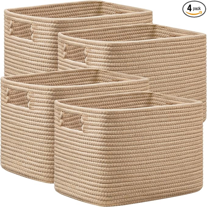 4 Pack Storage Baskets for Organizing, Shelf Baskets with Handles, Brown | 14.5"Lx9.8"Wx9"H, Woven Basket, Cotton Rope Basket, Toy Storage, Cube Shelf, Gift Baskets Empty, Home Decor by UBBCARE