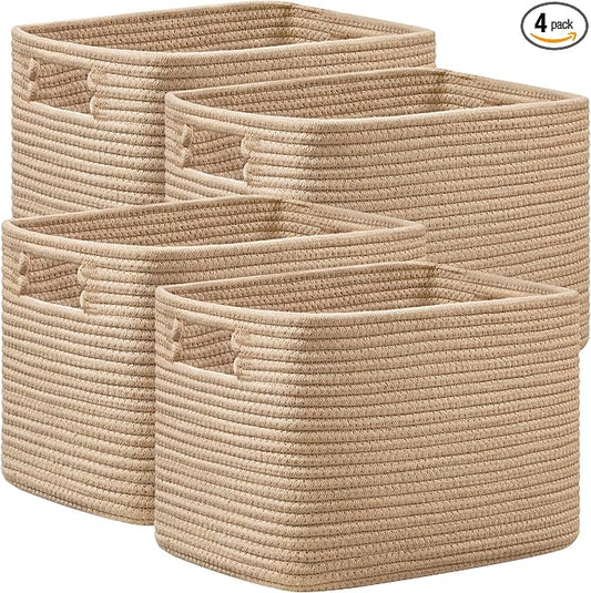 4 Pack Storage Baskets for Organizing, Shelf Baskets with Handles, Brown | 14.5"Lx9.8"Wx9"H, Woven Basket, Cotton Rope Basket, Toy Storage, Cube Shelf, Gift Baskets Empty, Home Decor by UBBCARE