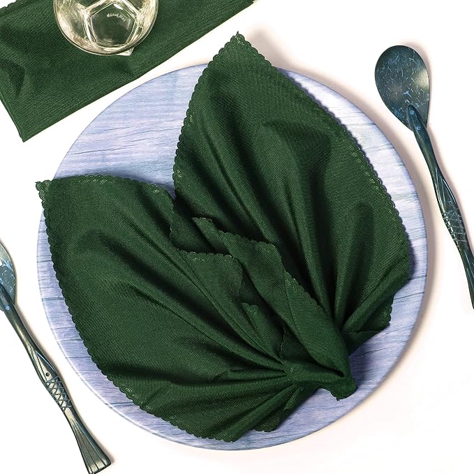 Pack of 100 Polyester Napkins 17 x 17 Inch Square with Scalloped Edge, Plain Washable Reusable Dining Table Cloth Napkin for Wedding Party Banquet Home Restaurant Bistro Decoration - Hunter Green by MDS