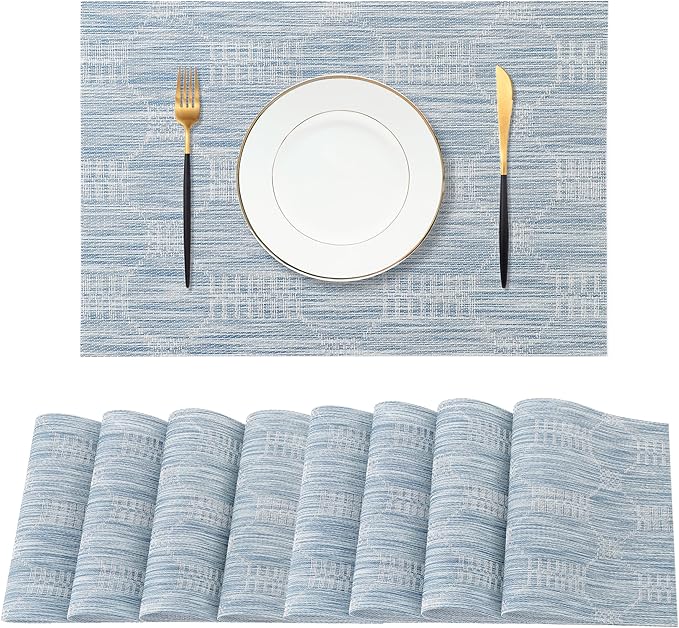 Leetaltree Jacquard Blue Placemats Set of 8 - Heat Resistant Non-Slip Place mats for Dining Table, Washable Durable PVC Vinyl Woven Table Mats(Jacquard Blue, 8) by Leetaltree-ArtatEveryTable