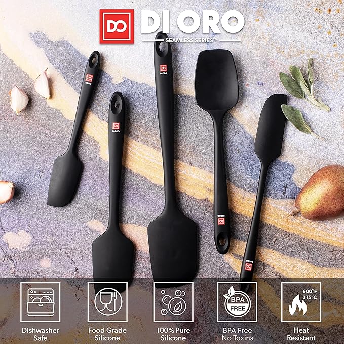 DI ORO Silicone Spatula Set - Rubber Kitchen Spatulas for Baking, Cooking, & Mixing - 600°F Heat-Resistant & BPA Free Silicone Scraper Spatulas for Nonstick Cookware - Dishwasher Safe (5pc, Black) - Image 3