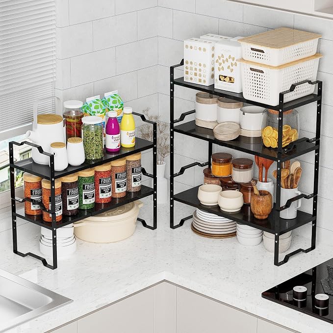 Jojocross Expandable Shelf for Cabinet Organizer Adjustable Stackable Spice Rack at Kitchen and Bathroom More, Counter Countertop Cupboard Organization Pantry Storage(LARGE/2PACKS/BLACK) - Image 2
