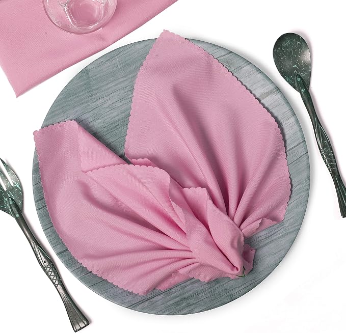 Pack of 100 Polyester Napkins 17 x 17 Inch Square with Scalloped Edge, Plain Washable Reusable Dining Table Cloth Napkin for Wedding Party Banquet Home Restaurant Bistro Decoration - Pink by MDS