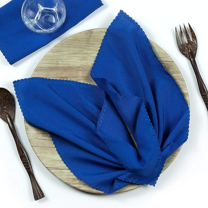 Pack of 12 Polyester Napkins 17 x 17 Inch Square with Scalloped Edge, Plain Washable Reusable Dining Table Cloth Napkin for Wedding Party Banquet Home Restaurant Bistro Decoration - Royal Blue by MDS
