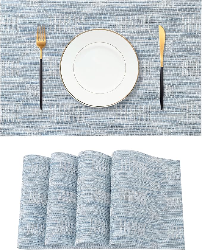 Leetaltree Jacquard Blue Placemats Set of 4 - Heat Resistant Non-Slip Place mats for Dining Table, Washable Durable PVC Vinyl Woven Table Mats (Jacquard Blue, 4) by Leetaltree-ArtatEveryTable