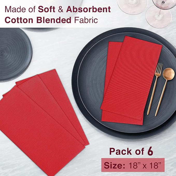 Ruvanti Cloth Napkins Set of 6, 18x18 Inches Napkins Cloth Washable, Soft, Durable, Absorbent, Cotton Blend. Table Dinner Napkins Cloth for Hotel, Weddings, Dinner, Christmas Parties - Red - Image 5