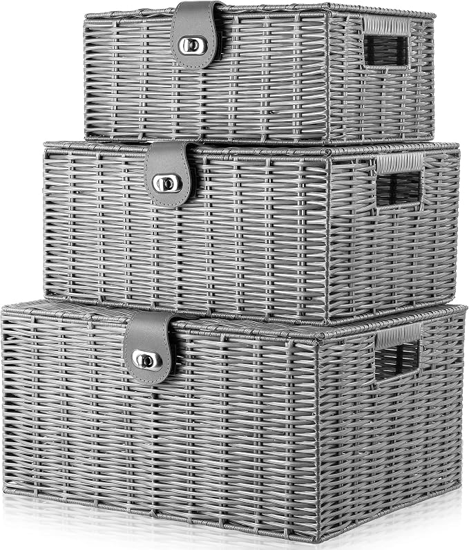 ARPAN Set of 3 Resin Woven Utility Storage Basket Box With Lid & Lock (Grey) by ARPAN