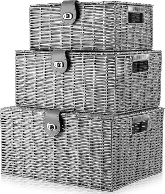 ARPAN Set of 3 Resin Woven Utility Storage Basket Box With Lid & Lock (Grey) by ARPAN