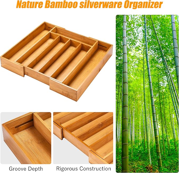 Silverware Organizer 2 PIECE with grooves Kitchen Drawer Organizer Expandable Bamboo Utensil Holder Cutlery Tray for Kitchen Utensil and Flatware - Image 4