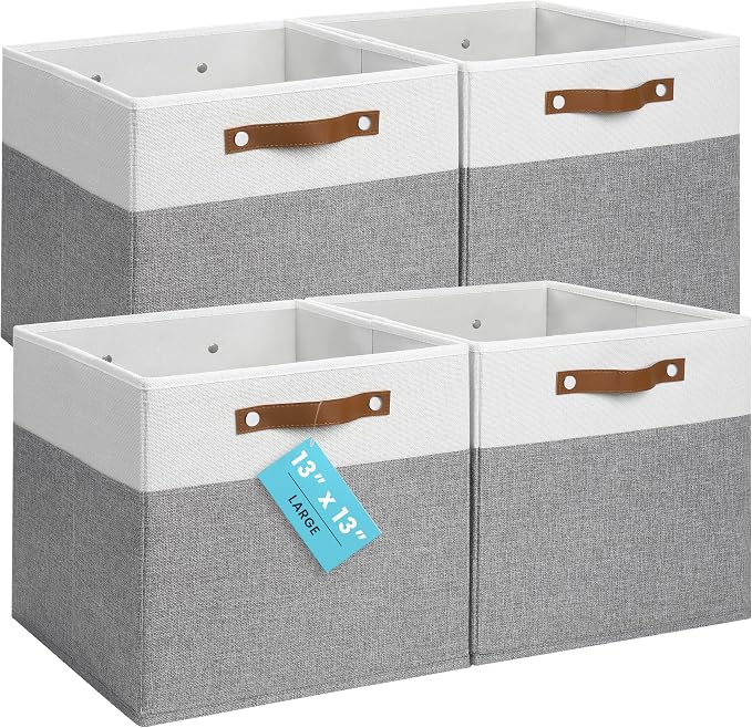 OrganiHaus 13x13 Cube Storage Bins, Set of 4 - Fabric Storage Cubes | Sturdy, holds its shape; odor-free; fits IKEA Kallax and Expedit; vegan leather handles by OrganiHaus