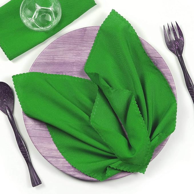 Pack of 12 Polyester Napkins 17 x 17 Inch Square with Scalloped Edge, Plain Washable Reusable Dining Table Cloth Napkin for Wedding Party Banquet Home Restaurant Bistro Decoration - Green by MDS
