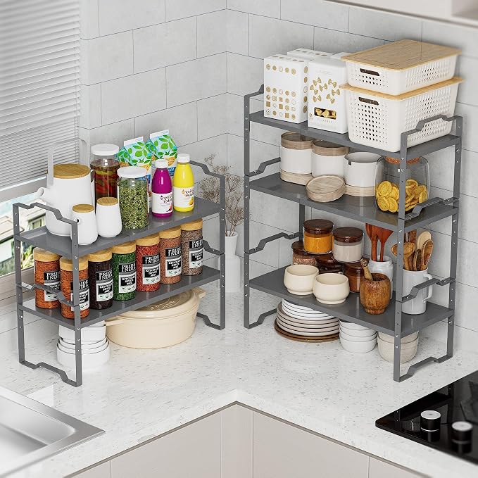 Jojocross Expandable Shelf for Cabinet Organizer Adjustable Stackable Spice Rack at Kitchen and Bathroom More, Counter Countertop Cupboard Organization Pantry Storage(MEDIUM/3PACKS/BLACK) - Image 4