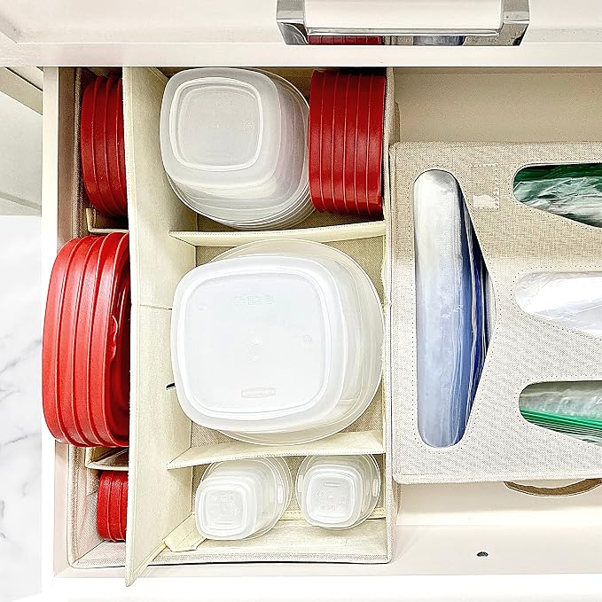 Food Storage Container Organizer Box – A Kitchen Drawer Organizer Compatible with Rubbermaid, Glad Containers and Lids – Adjustable Foldable Cloth Box - Image 3
