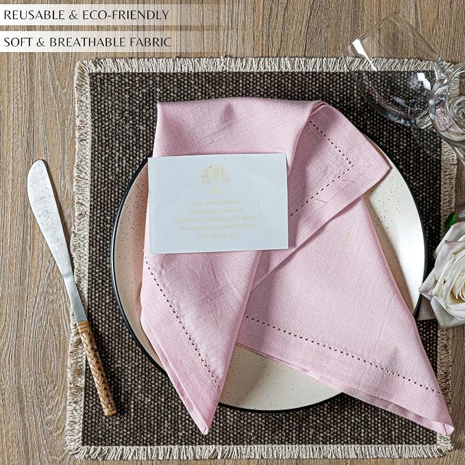 Ramanta Home Pink Cloth Napkins Set of 12-18x18 Inches | Washable Cotton Linen Flax Hemstitched Napkins for Everyday Use - Image 6