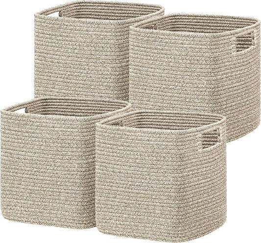 UBBCARE Set of 4 Storage Basket-13 X 13 X 13 in, Cotton Rope Baskets for Shelves, Toys, Book, Cube Storage Bins with Handles, Woven Storage Basket for Organizing, Mix-Brown by UBBCARE