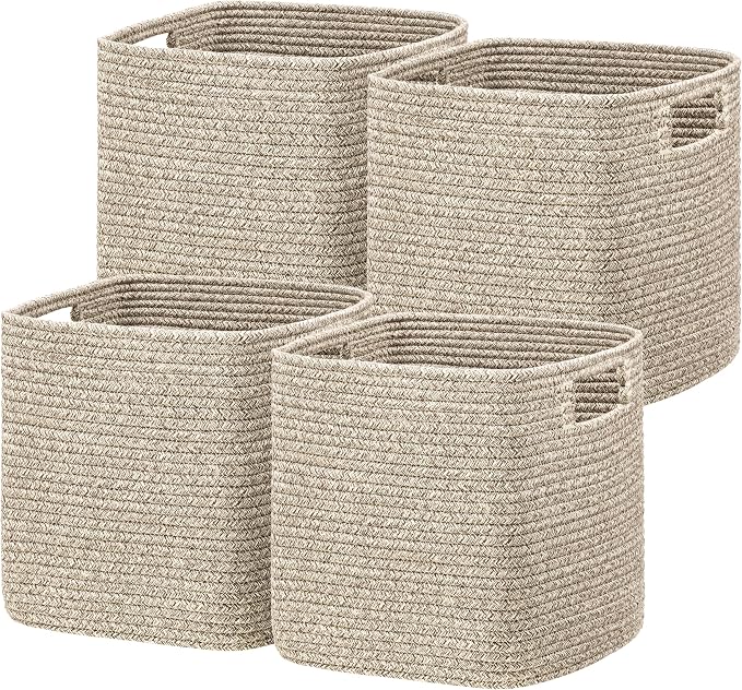 UBBCARE Storage Cubes 11 Inch, Cotton Rope Woven Baskets for Organizing, Cube Storage Bin for Baby Nursery, 4-Pack Square Storage Baskets for Shleves Organizer, Closet, Kidsroom, All Browm by UBBCARE
