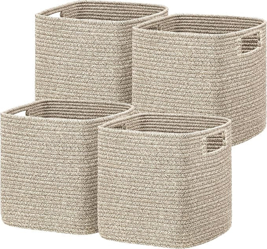 UBBCARE Set of 4 Storage Basket-12 X 12 X 12 in, Cotton Rope Basket for Shelves, Toys, Book, Cube Storage Bins with Handles, Woven Storage Baskets for Organizing, Mix-Brown by UBBCARE