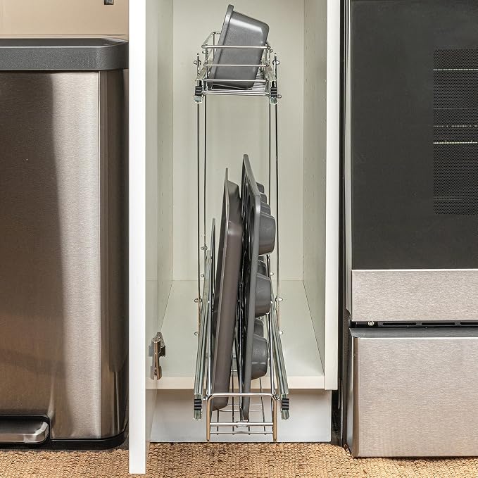 Household Essentials Glidez Multipurpose Chrome-Plated Steel Pull-Out/Slide-Out Storage Organizer for Cookware and Bakeware - 2-Tier Design - Fits Standard Size Cabinet or Shelf, Chrome - Image 11