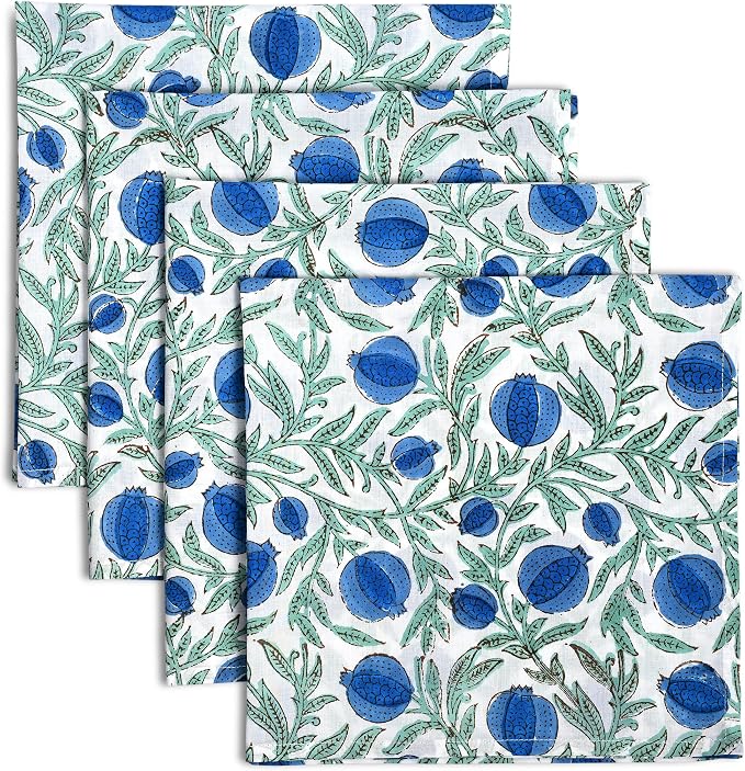 Queen Blue Hand Block Print 100% Cotton Napkins 18" x 18" (Set of 4) Reuseable Kitchen Napkins Cloth Decor Dinner Party Wedding Cocktail Gift for Spring, Easter, Summer by Ridhi