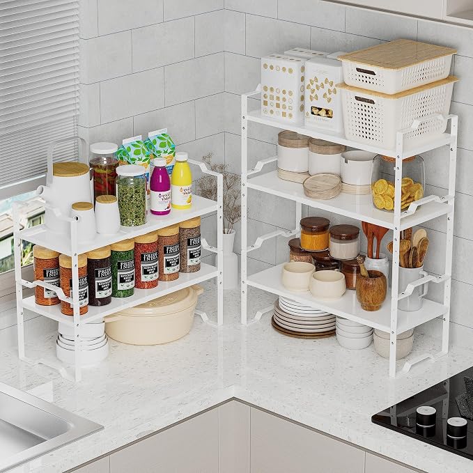 Jojocross Expandable Shelf for Cabinet Organizer Adjustable Stackable Spice Rack at Kitchen and Bathroom more, Counter Countertop Cupboard Organization Pantry Storage(LARGE/3PACKS/WHITE) - Image 2