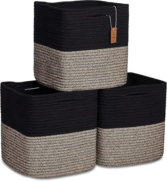 NaturalCozy Storage Cubes 11 Inch Cotton Rope Woven Baskets for Organizing, 3-Pack | Cube Storage Bin | Square Storage Baskets for Shelves Organizer, Classroom, Kids Toy Bins, Closet, Baby Nursery by NaturalCozy