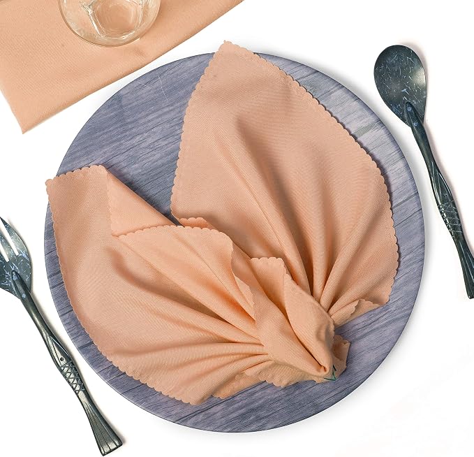 Pack of 50 Polyester Napkins 17 x 17 Inch Square with Scalloped Edge, Plain Washable Reusable Dining Table Cloth Napkin for Wedding Party Banquet Home Restaurant Bistro Decoration - Peach by MDS