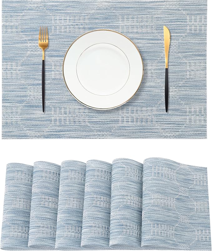 Leetaltree Alice Blue Placemats Set of 6 - Heat Resistant Non-Slip Place mats for Dining Table, Washable Durable PVC Vinyl Woven Table Mats（Jacquard Blue, 6） by Leetaltree-ArtatEveryTable
