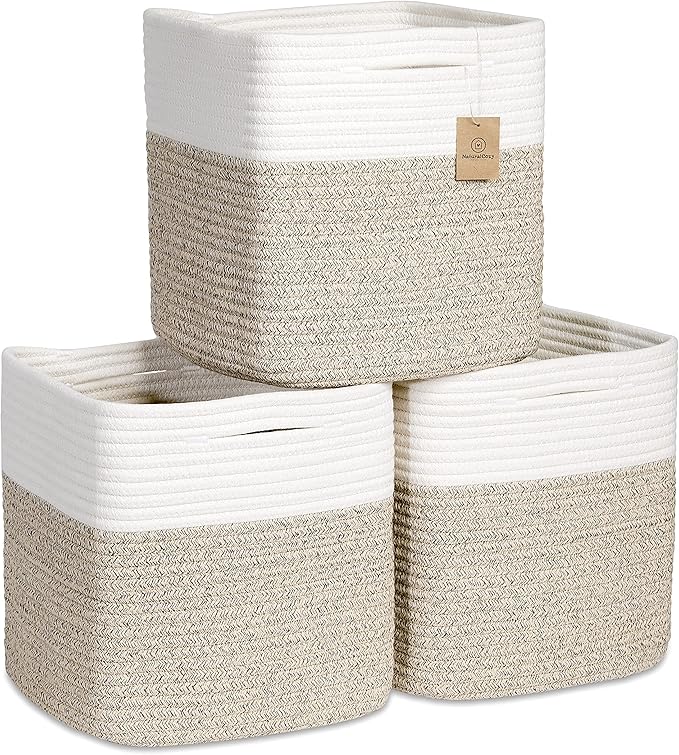 NaturalCozy Storage Cubes 11 Inch Cotton Rope Woven Baskets for Organizing, 3-Pack | Cube Bin Square Shelves Organizer, Classroom, Kids Toy Bins, Closet, Baby Nursery by NaturalCozy