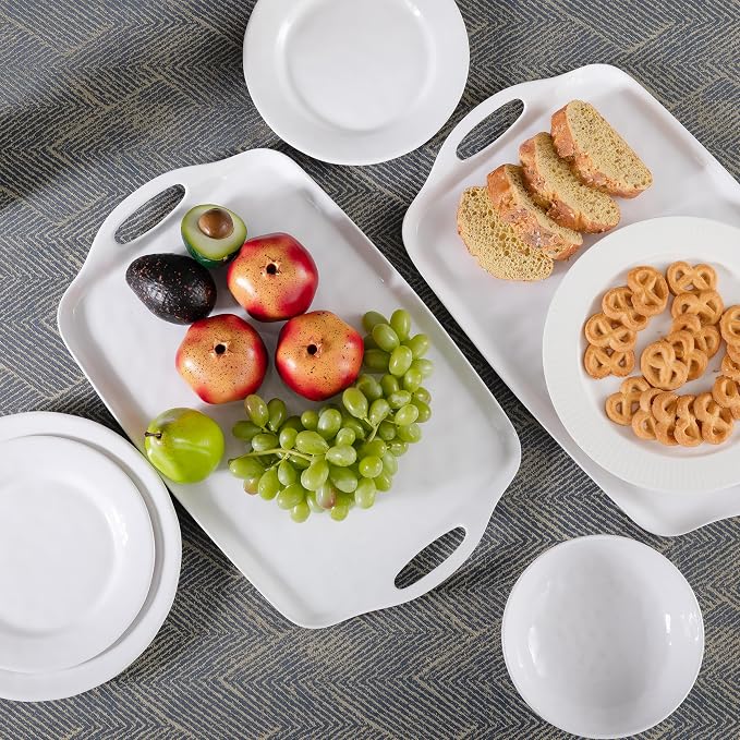 Large Serving Tray with Handle, 19”x12” Rectangular Melamine Serving Platters, Set of 2, Kitchen Food and BBQ ServingTray, Breakfast Tray, Dishwasher Safe, Bright White - Image 3