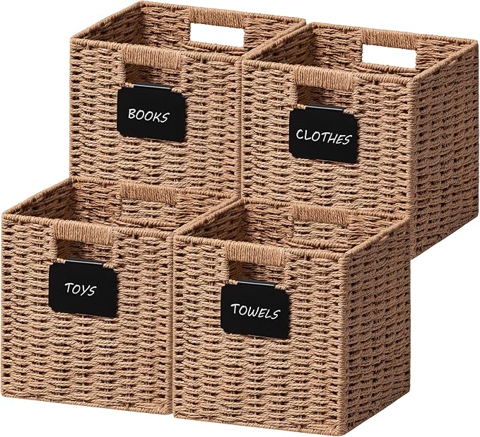UBBCARE 4 Pack Small Wicker Basket, 9×9 Storage Cubes with Label, Foldable Cube Storage Bin with Handle, Square Storage Basket for Shelves, Woven Paper Rope Basket for Organizing, Caramel by UBBCARE