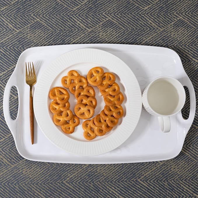 Large Serving Tray with Handle, 19”x12” Rectangular Melamine Serving Platters, Set of 2, Kitchen Food and BBQ ServingTray, Breakfast Tray, Dishwasher Safe, Bright White - Image 4
