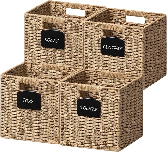 UBBCARE 4 Pack Small Wicker Basket, 9×9 Storage Cubes with Label, Foldable Cube Storage Bin with Handle, Square Storage Basket for Shelves, Woven Paper Rope Basket for Organizing, Brown by UBBCARE