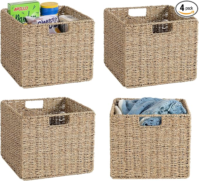 12x12x10in Seagrass Storage Baskets Set of 4, Large Wicker Storage Basket, Decorative Seagrass Shelf Basket, Pantry Baskets Organization,Folding Storage Cube Bins by DINGTAI