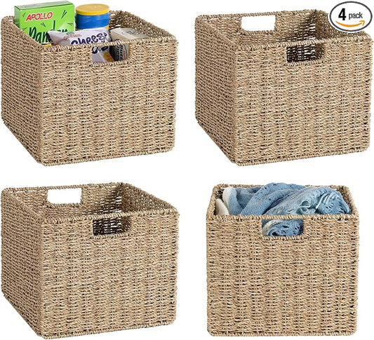 12x12x10in Seagrass Storage Baskets Set of 4, Large Wicker Storage Basket, Decorative Seagrass Shelf Basket, Pantry Baskets Organization,Folding Storage Cube Bins by DINGTAI