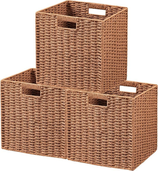 UBBCARE 3 Pack Wicker Basket, 11L×11H×10.5W inch Woven Paper Rope Storage Baskets for Shelves, Foldable Cube Storage bin with Handle, Storage Basket for Organizing & Decor,Caramel by UBBCARE