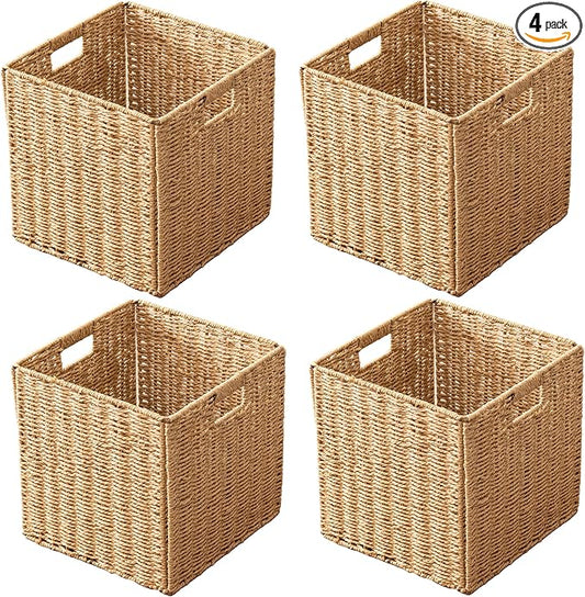 13x13x13 Storage Cube Bins Set of 4, Paper Rope Hand Woven Storage Basket with Handles, Collapsible Square Storage Cubes for Shelves, Wicker Shelf Baskets for Living Room Bedroom Organizing, Natural by HADAMUYE